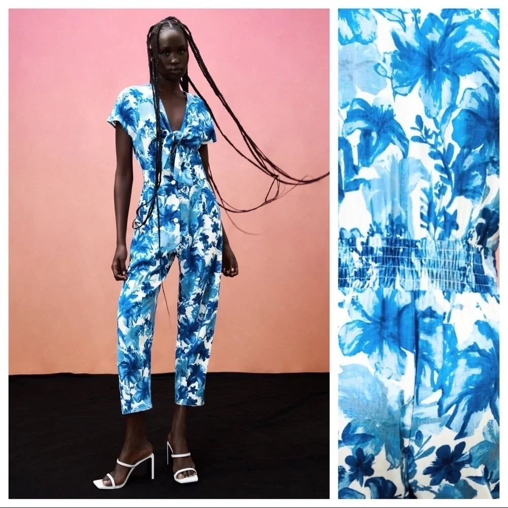 NWT. Zara Ecru/Blue Viscose/Linen Floral Print Jumpsuit. Size S.